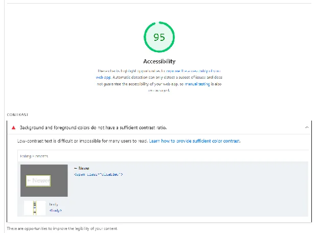 Lighthouse accessibility report showing a score of 95 with a color-contrast issue flagged